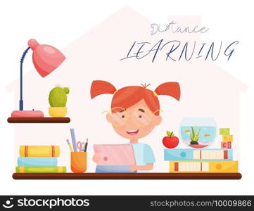 Girl with tablet sitting by the table. Distance learning. Remote learning concept. vector illustration.