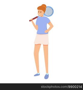 Girl with tennis racket icon. Cartoon of girl with tennis racket vector icon for web design isolated on white background. Girl with tennis racket icon, cartoon style