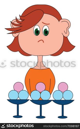 Girl with three ice cream cups is sad, illustration, vector on white background.