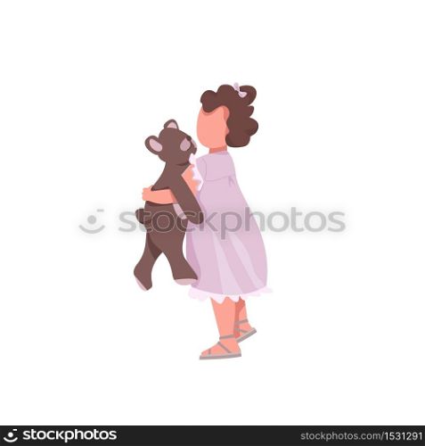 Girl with toy flat color vector faceless character. Little kid hug stuffed bear. Cute preschooler. Toddler play with doll isolated cartoon illustration for web graphic design and animation. Girl with toy flat color vector faceless characters