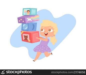 Girl with toys. Happy cartoon baby and boxes, birthday gifts or kid store shopping. Little princess running vector illustration. Child and girl character, colorful smiling and playing. Girl with toys. Happy cartoon baby and boxes, birthday gifts or kid store shopping. Little princess running vector illustration