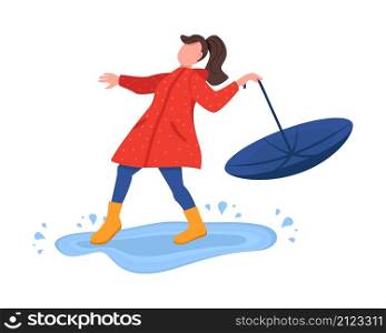 Girl with umbrella playing in puddle semi flat color vector character. Jumping figure. Full body person on white. Fall isolated modern cartoon style illustration for graphic design and animation. Girl with umbrella playing in puddle semi flat color vector character