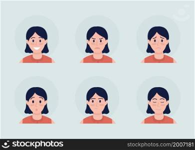 Girl with various emotions semi flat color vector character avatar set. Casual style. Portrait from front view. Isolated modern cartoon style illustration for graphic design and animation pack. Girl with various emotions semi flat color vector character avatar set