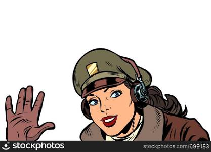 girl woman retro Aviator pilot welcome gesture. Pop art vector illustration vintage kitsch. girl woman retro Aviator pilot welcome gesture