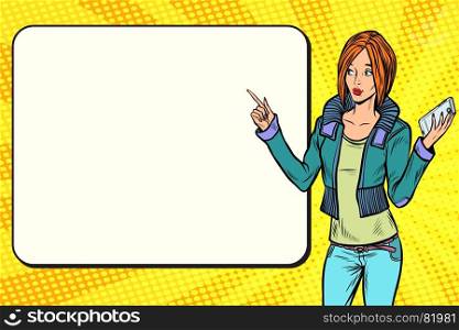Girl woman with phone on the presentation. Pop art retro vector vintage illustrations. Girl woman with phone on the presentation