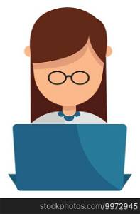 Girl working on her laptop, illustration, vector on white background.