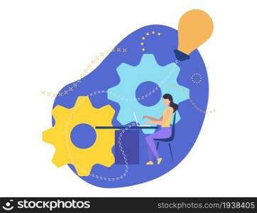 Girl working on laptop. Creates a business project. Business lady sits on a chair at the table and prints on the keyboard. Job in the office. Implement Creative Idea. Vector illustration character. Girl working on laptop. Creates a business project. Business lady sits on a chair at the table and prints on the keyboard. Job in the office. Implement Creative Idea. Vector illustration character.