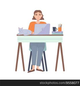 Girl workng at home. distance learning. Home office, freelance, lockdown, remote work,online education,covid-19 concept. Stock vector illustration in flat cartoon style isolated on white background.. Girl workng at home. distance learning. Home office, freelance, lockdown, remote work,online education,quarantine concept. Stock vector illustration in flat cartoon style isolated on white background.