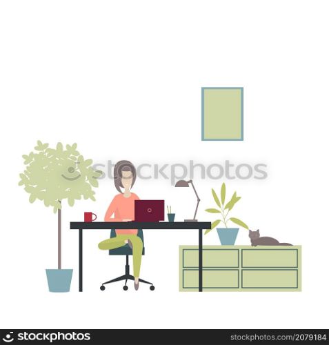 Girl works at a laptop at home. Vector illustration