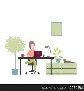 Girl works at a laptop at home. Vector illustration