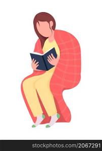 Girl wrapped in blanket with book semi flat color vector character. Sitting figure. Full body person on white. Lifestyle isolated modern cartoon style illustration for graphic design and animation. Girl wrapped in blanket with book semi flat color vector character