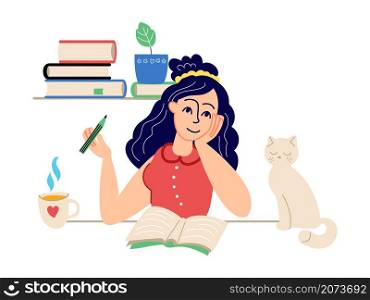 Girl writes diary. Student home study, dreaming female character. Young woman sit at desk and drawing or writing in notebook. Cat and books vector concept. Illustration diary and girl do homework. Girl writes diary. Student home study, dreaming female character. Young woman sit at desk and drawing or writing in notebook. Cat and books vector concept