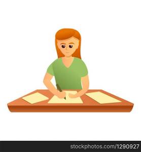 Girl writing exam test icon. Cartoon of girl writing exam test vector icon for web design isolated on white background. Girl writing exam test icon, cartoon style