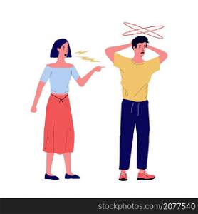 Girl yells at boy. Young couple quarrels. Angry woman screams at boyfriend. Stressed man ignores girlfriend. Communication problem. Divorce and relationship conflict. Vector aggressive conversation. Girl yells at boy. Couple quarrels. Woman screams at boyfriend. Stressed man ignores girlfriend. Communication problem. Divorce and relationship conflict. Vector aggressive conversation