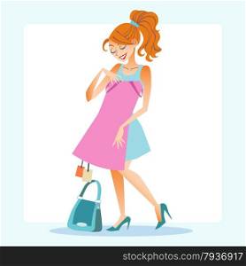 Girl young woman chooses to dress store shopping discounts purchase. girl chooses to dress store shopping