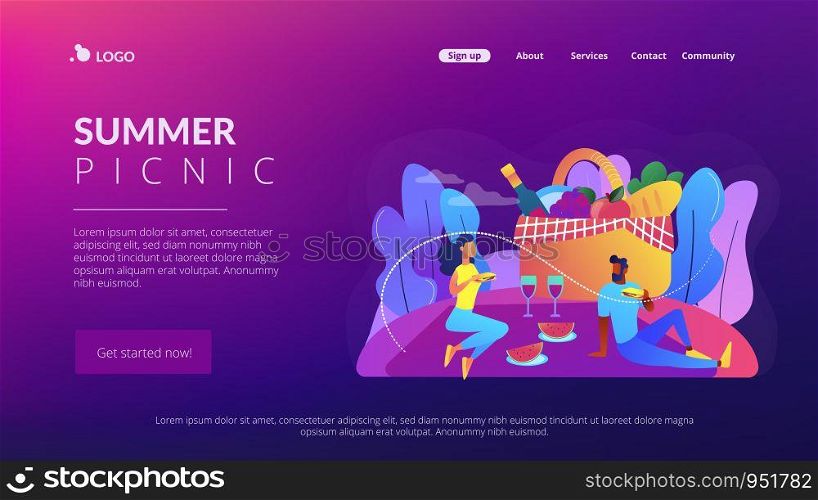 Girlfriend and boyfriend dating, couple in love eating lunch on nature. Summer picnic, park family time spending, cookout special supplies concept. Website homepage landing web page template.. Summer picnic concept landing page.