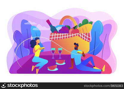 Girlfriend and boyfriend dating, couple in love eating lunch on nature. Summer picnic, park family time spending, cookout special supplies concept. Bright vibrant violet vector isolated illustration. Summer picnic concept vector illustration.
