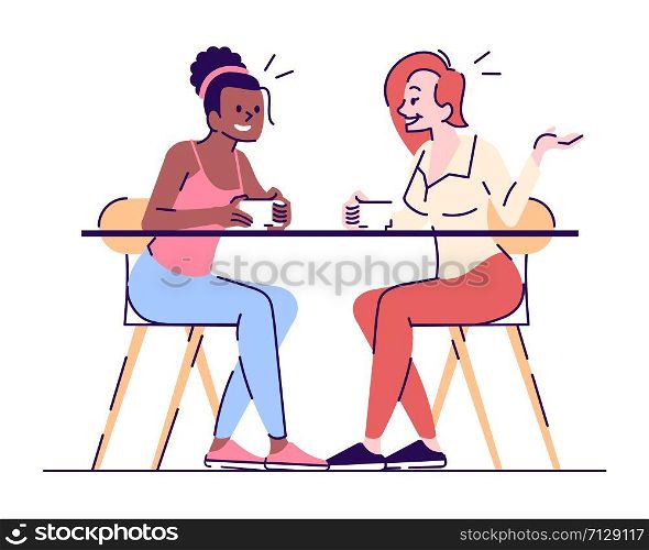 Girlfriend conversation flat vector illustration. Chat over coffee with friend. Gossips. Two young girls talking in cafe isolated cartoon characters with outline elements on white background