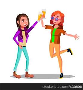Girlfriends At Party Clinking Beer Glasses Vector Characters. Girls Clinking, Drinking Alcoholic Beverages In Night Club Clipart. Cheerful Friends Celebrating, Relaxing In Bar Flat Illustration. Girlfriends At Party Clinking Beer Glasses Vector Characters