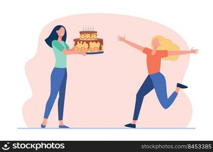 Girlfriends celebrating birthday. Cheerful girl getting huge cake with candles. Flat vector illustration. Celebration, bakery, confectionery concept for banner, website design or landing web page