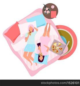 Girlfriends eating pizza flat vector illustration. Female best friends in pajamas on bed cartoon characters. Sleepover, slumber party concept. Young girls, women in sleepwear spending time together