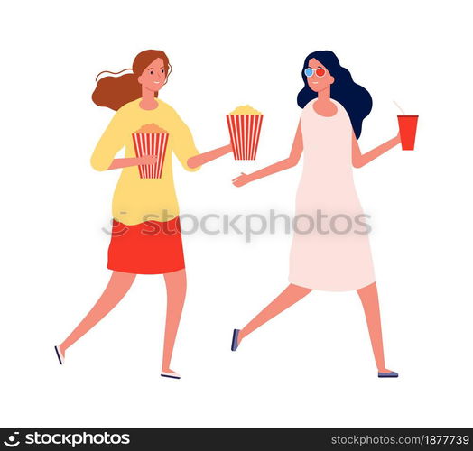 Girlfriends meeting. Women with popcorn and drinks. Isolated cinema