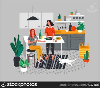Girlfriends preparing dinner in kitchen drink coffee and talking. Daily life and everyday routine scene by young woman in scandinavian style cozy interior with homeplants. Cartoon vector illustration. Girlfriends preparing dinner in kitchen drink coffee and talking. Daily life and everyday routine scene by young woman in scandinavian, style cozy interior with homeplants. Cartoon vector