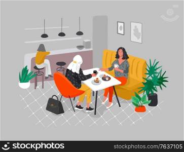 Girlfriends sitting in cafe or bar eating sweets, drinking coffee and talking. Daily life and everyday routine scene by young woman in scandinavian, style cozy interior with homeplants. Cartoon vector illustration.. Girlfriends sitting in cafe or bar eating sweets, drinking coffee and talking. Daily life and everyday routine scene by young woman in scandinavian, style cozy interior with homeplants. Cartoon vector