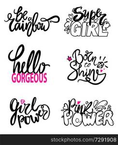 Girlish graffiti signs with fancy fonts decorated with doodles, hearts and diamonds. Vector illustration with six colorful slogans isolated on white. Girlish Graffiti Signs Vector Illustration Slogan