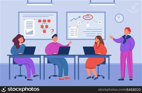 Girls and boy looking at monitors during programmers lesson. Software developing company team working out app flat vector illustration. Teaching, learning and programming concept