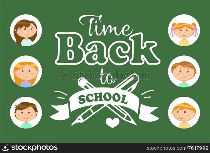 Girls and boys pupils, back to school lettering vector. Pen and pencil, stationery tools and students avatars, education and knowledge, writing supplies. Back to School Lettering, Girls and Boys, Pupils