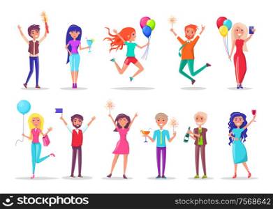 Girls and guys with balloons and gifts, birthday celebration vector. Men and women, firework and cocktail, sparkler and card, package and flag, champagne. Birthday Celebration, Girls and Guys with Balloons