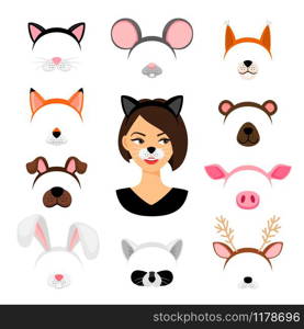 Girls animals masks. Vector female animal face mask set isolated on white background, like cat and dog, raccoon and pig. Girls animals masks set