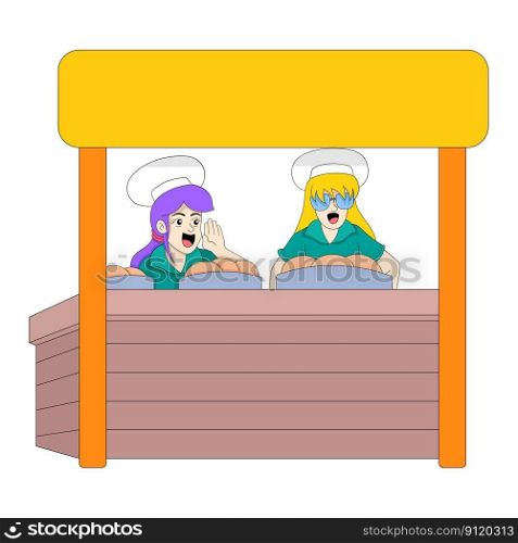 girls are selling cakes at a roadside booth. vector design illustration art