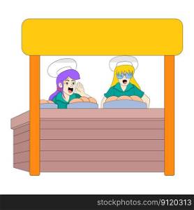 girls are selling cakes at a roadside booth. vector design illustration art