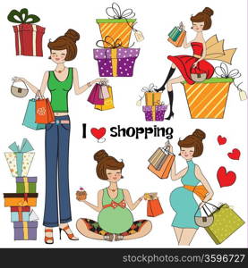 girls at shopping items set on white background