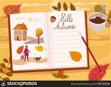 Girls Autumn Diary, autumn yellow, orange leaves, branch, mug of coffee, illustrations. Fall, cozy mood hygge atmosphere. Vector illlustration isolated