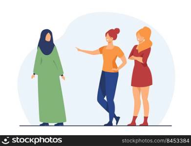 Girls bullying Muslim classmate. Shaming, teasing, minority. Flat vector illustration. Social problem, violence, cultural difference concept for banner, website design or landing web page