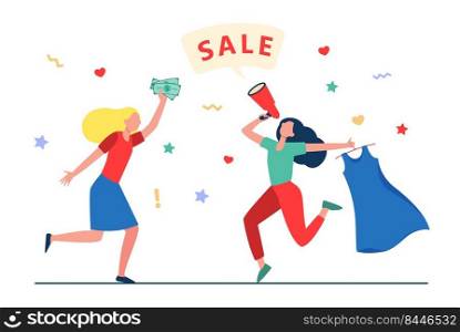 Girls celebrating sale in fashion store. Women dancing, announcing sale, buying clothes flat vector illustration. Shopping, discount, marketing concept for banner, website design or landing web page
