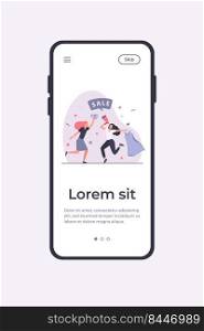 Girls celebrating sale in fashion store. Women dancing, announcing sale, buying clothes flat vector illustration. Shopping, discount, marketing concept for banner, website design or landing web page