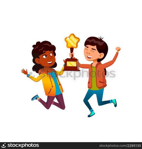 Girls Children Jumping With Trophy Cup Vector. African And Asian Schoolgirls Kids Holding And Jump With Trophy Cup Award. Characters Team Championship Winners Flat Cartoon Illustration. Girls Children Jumping With Trophy Cup Vector