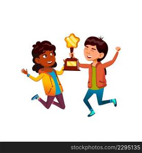 Girls Children Jumping With Trophy Cup Vector. African And Asian Schoolgirls Kids Holding And Jump With Trophy Cup Award. Characters Team Championship Winners Flat Cartoon Illustration. Girls Children Jumping With Trophy Cup Vector