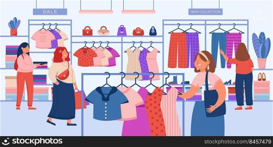 Girls choosing modern clothes in store flat vector illustration. Female consumers doing purchases, buying dresses and apparels.  Fashion, garment, retail, style concept