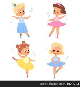 Girls cute. Beauty kids ballerinas in tutus and pointe shoes, young ballet dancers in different poses, romantic characters, dancing children in choreographic position. Vector cartoon isolated set. Girls cute. Beauty kids ballerinas in tutus and pointe shoes, young ballet dancers in different poses, romantic characters, dancing children in choreographic position. Vector set
