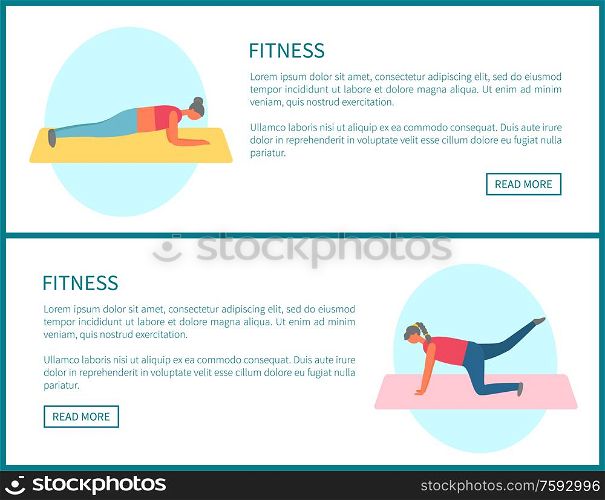 Girls doing exercise on mat, pumping muscles on floor, woman side view in sportwear. Sporty and fitness website decorated by strong people vector. Women Doing Exercise on Mat, Web Pumping Vector