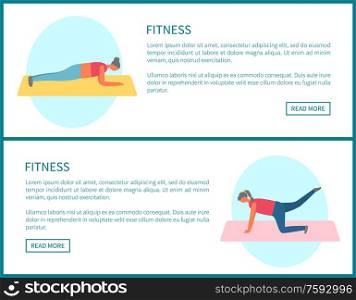 Girls doing exercise on mat, pumping muscles on floor, woman side view in sportwear. Sporty and fitness website decorated by strong people vector. Women Doing Exercise on Mat, Web Pumping Vector