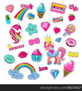 Girls fairy stickers set. Cute cartoon pony princes, sweets and toys flat vector icons isolated on white background. Various decorative elements in pink colors for kids greeting cards. Girls Fairy Stickers With Fairy Cartoons Vectors