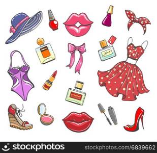 Girls fashion hand drawn elements. Girls fashion hand drawn elements. Sketch women accessories for makeup and ashionable look vector illustration