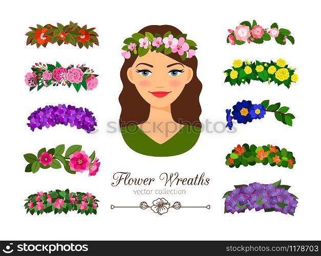 Girls flower wreaths. Vector elegant beautiful young woman portrait with stylish pretty flowers wreath set isolated on white background. Girls flower wreaths