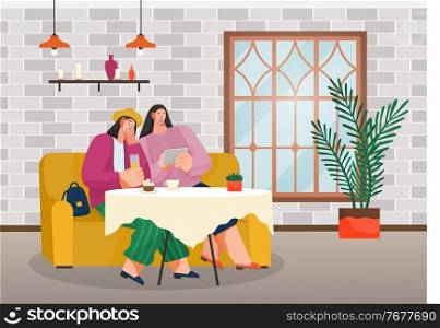 Girls friends meeting in restaurant, women eat cakes with coffee. Young woman girlfriends making video for social media, taking selfie photo on smartphone, serfing internet while sitting in cafe. Girls friends meeting in restaurant, women eat cakes with coffee, taking selfie photo on smartphone